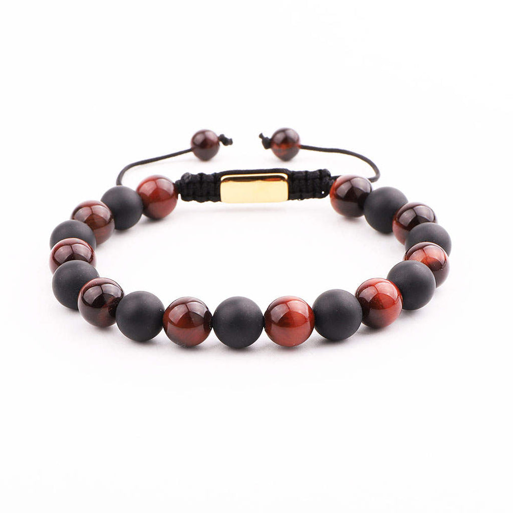 front 8mm macrame bracelet made with premium red tiger eye and matte black onyx