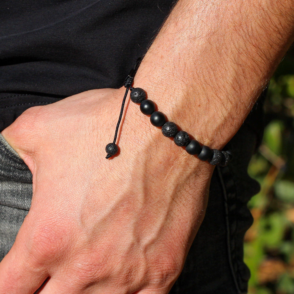 front 8mm macrame bracelet made with lava stone and matte black onyx